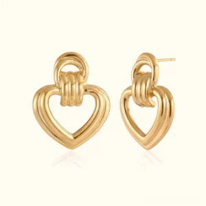 18K gold heart stud earrings with twisted loop detail - front flat lay product view on white background
