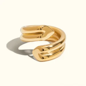 18K gold heart twist open ring polished finish direct front view showing dual twisted bands converging to heart-shaped terminal