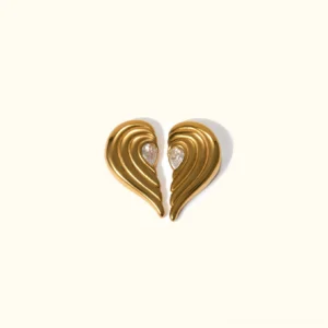 18K gold split heart wing stud earrings with cubic zirconia - front flat lay view with ribbed texture detail