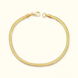 18K gold herringbone bracelet flat lay product shot on white background showing full chain link pattern and lobster clasp closure