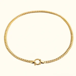 18K gold herringbone choker necklace with circle clasp, flat lay on white background showing complete chain and central circular detail