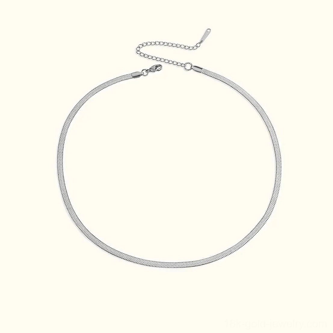 4mm herringbone necklace showing statement 17 inch length with adjustable extension clasp detail