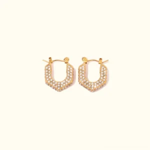 18K gold hexagonal pavé huggie earrings with sparkling crystals, frontal view on plain background showing full crystal coverage and polished gold finish