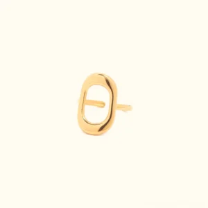 18K gold hollow oval open ring front flat lay view with polished finish on plain background