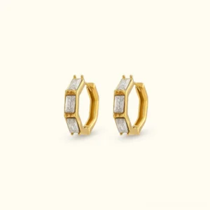 18K gold cubic zirconia hoop earrings with diamond simulants, octagonal design, flat lay product photography