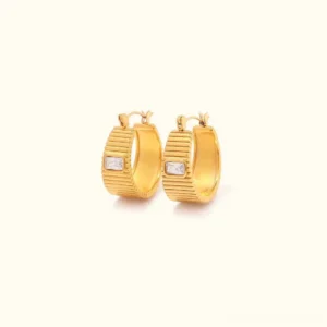 18K gold hoop earrings with diamond simulant rectangular stones front view flat lay neutral background