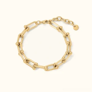 18K gold horseshoe link bracelet flat lay overhead view showing polished finish and linked chain design on white studio background