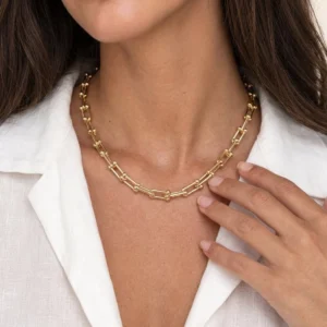 18K gold horseshoe link necklace worn as choker on woman in white linen blouse close-up front view demonstrating polished gold finish and neck placement