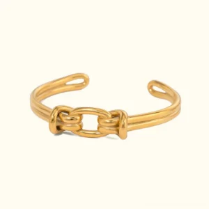 18K gold knot open cuff bangle flat lay front view polished gold finish linked knot center design