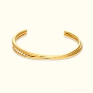 18K gold layered open cuff bangle with twisted double band design, front flat lay view on white background showing polished shiny gold finish