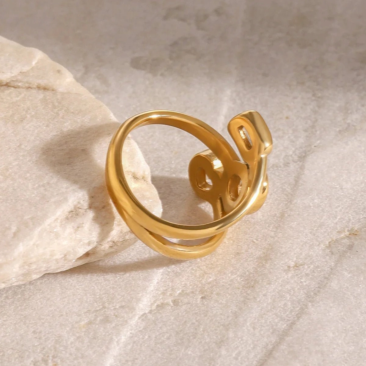 18K gold layered diamond ring back inner view exposing double-layered polished metal bands