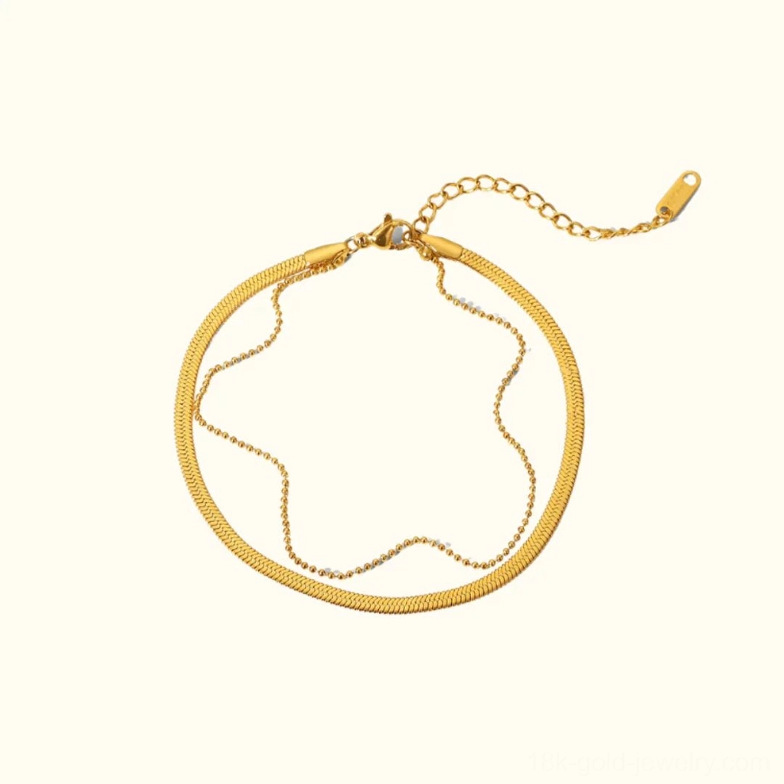 18K gold layered anklet flat lay - double chain design with snake chain and bead link