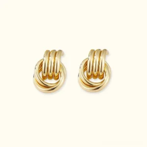 18K gold layered twisted hoop earrings front view flat lay polished finish multi-layer design