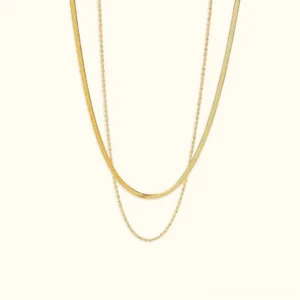18K gold layered chain necklace flat lay - dual strand herringbone and twisted rope design on white background