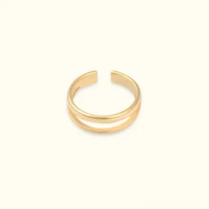 18K gold layered open cuff ring with dual parallel bands, adjustable design, flat lay product photography