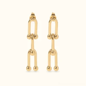 18K gold link drop earrings flat lay front display showing dual horseshoe chain design with polished finish