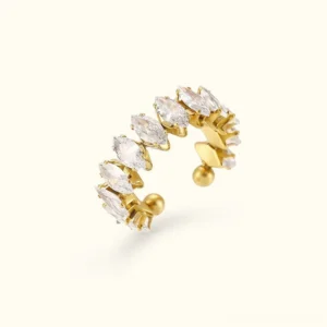 18K gold marquise cubic zirconia cluster ring adjustable open band top-down view studio shot