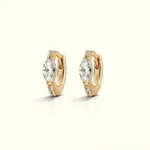 18K gold marquise diamond mini hoop earrings with pavé cubic zirconia accents, front flat lay product photography showcasing center stone detail and gold finish