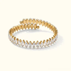 18K gold marquise diamond open cuff bracelet front view flat lay luxury jewelry