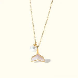 18K Gold Mermaid Necklace with Freshwater Pearl Pendant - Flat Lay Product Shot Front View
