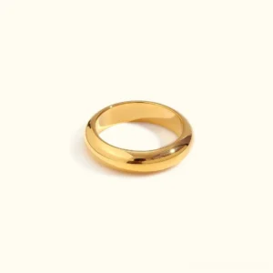 18K gold minimalist band ring flat lay top-down view on white background showcasing smooth rounded dome profile and polished finish