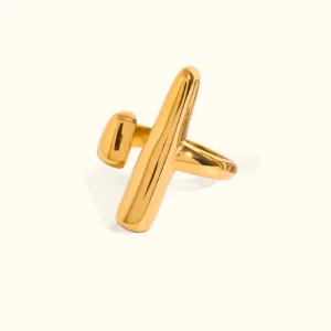 18K gold minimalist open ring with geometric vertical bar design front view polished finish
