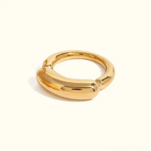 18K gold minimalist rounded band ring, flat lay front view showcasing polished chunky band design on plain background
