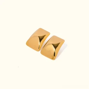18K gold minimalist trapezoid stud earrings flat lay top view polished finish