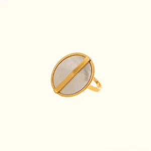 18K gold mother-of-pearl ring front view flat lay on white background featuring circular iridescent pearl face with central gold bar