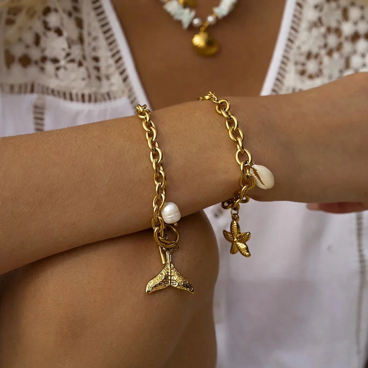 18k gold ocean charm bracelet multiple styles starfish mermaid tail shell pearl charms