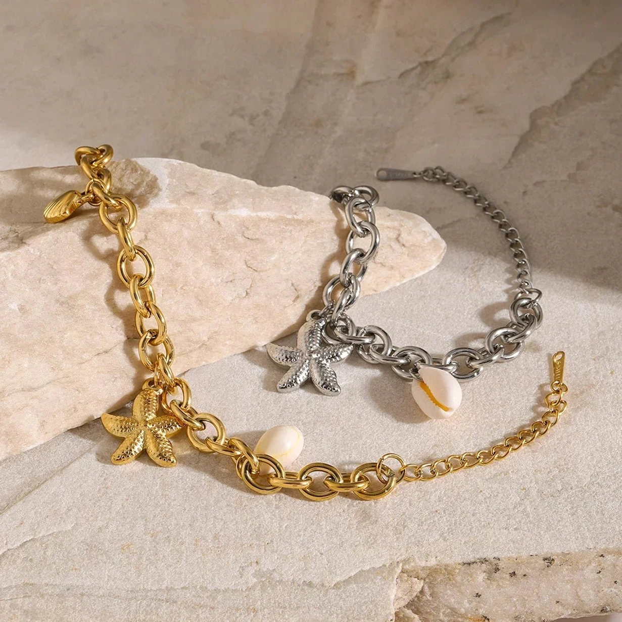 18k gold ocean charm bracelets collection twisted link chain starfish shell pearl