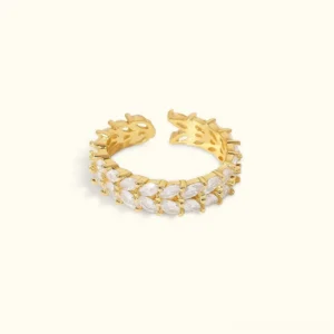 18K gold open-back adjustable ring with marquise cubic zirconia stones, flat lay top view showcasing filigree inner band detail and diamond-like sparkle