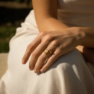 18K gold band ring worn on woman's hand outdoor seating beige linen dress close-up minimalist design