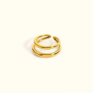 18K gold open cuff ring double-layer band top-down view polished gold finish flat lay