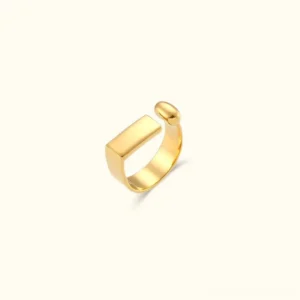 18K gold open cuff ring flat lay front view polished gold finish split band design
