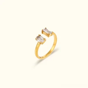 18K gold open gemstone ring with clear cubic zirconia stones flat lay product photography