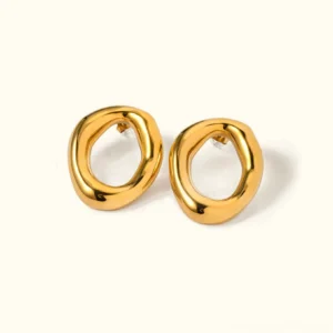 18K gold irregular open oval hoop earrings front view flat lay polished finish