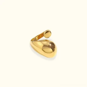 18K gold open teardrop knot ring flat lay side view showing polished glossy finish and modern minimalist design