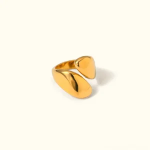 18K gold minimalist open wrap ring with split teardrop design, smooth polished finish, flat lay product view on neutral background