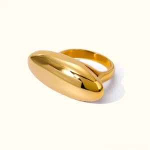 18K gold polished oval wide ring with smooth curved surface on plain background - front static product view