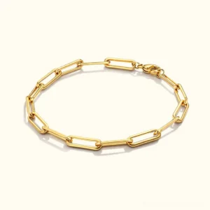 18K gold paperclip link bracelet flat lay studio shot showing polished gold finish and oval links