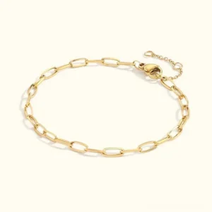 18K gold paperclip chain bracelet flat lay overhead view on light beige background, polished oval link design with adjustable extender clasp