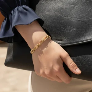 18K gold paperclip chain bracelet on wrist close-up side view worn styling