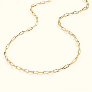 18K gold paperclip chain necklace flat lay top-down view on neutral background showcasing polished oval link chain design