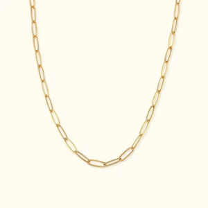 18K Gold Paperclip Chain Necklace front flat lay view showing polished oval link design against neutral background