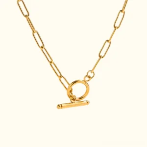 18K gold paperclip chain necklace with OT toggle clasp, polished gold finish, flat lay product photography