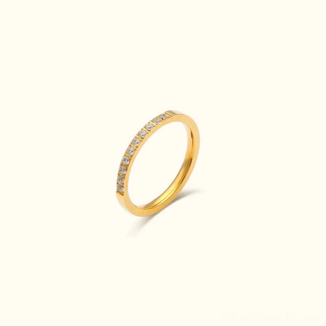 Full pavé 18K gold ring with zirconia stones, poly style, completely set with round sparkles on band, front view