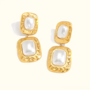 Chunky double drop pearl earrings in 18K gold hammered finish, flat lay top-down view on plain white background showing full product design