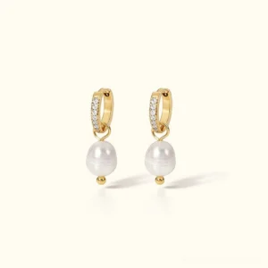 18K gold pearl drop hoop earrings with baroque freshwater pearls and pavé crystal detailing, front flat lay view on neutral background