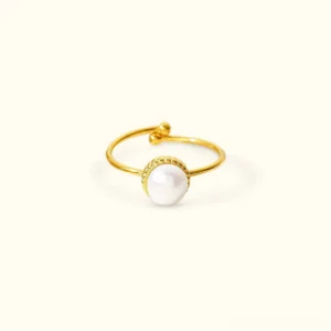 18K gold pearl ring adjustable open-ended design front flat lay view with white freshwater pearl